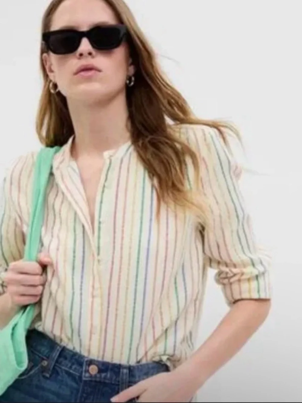 Gap Crinkle Gauze Cream Rainbow-Stripe Button-Up Shirt - Picture 2 of 3